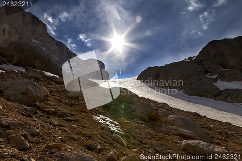 Image of Mountain pass and blue sky with sun