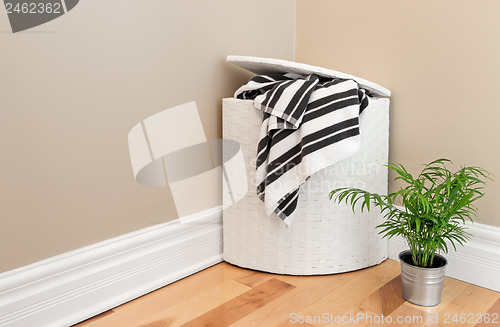 Image of Laundry basket and plant in the room corner