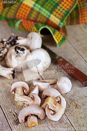 Image of  fresh champignons and old knife