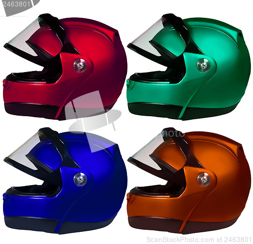 Image of Motorcycle helmets on a white background. Collage 