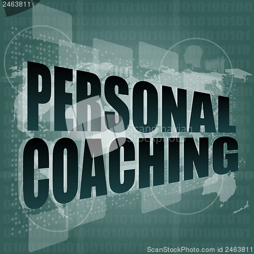 Image of personal coaching word on touch screen, modern virtual technology background