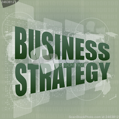 Image of business strategy word on digital screen, mission control interface hi technology