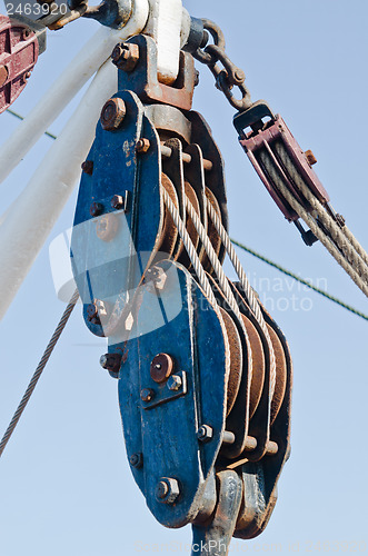 Image of Blocks and rigging at the old sailboat, close-up