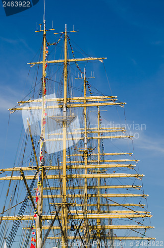 Image of Mast with sails of an old sailing vessel