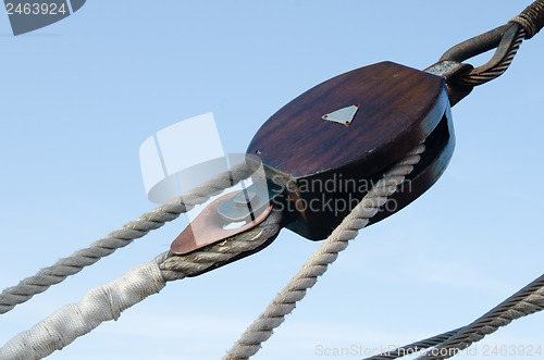 Image of Blocks and rigging at the old sailboat, close-up