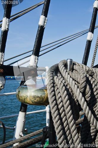 Image of The ropes braided in bays on an ancient sailing vessel