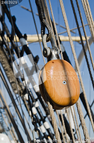 Image of Blocks and rigging at the old sailboat, close-up