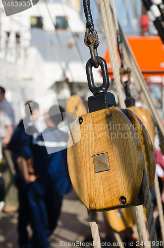 Image of Blocks and rigging at the old sailboat, close-up