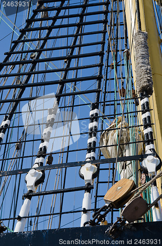 Image of Blocks and rigging at the old sailboat, close-up