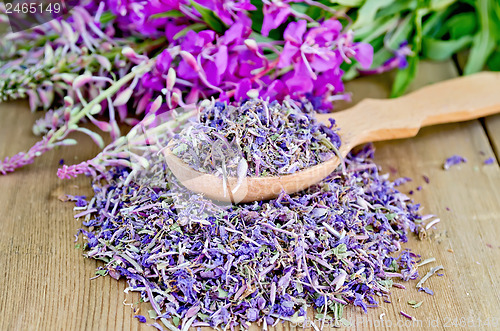 Image of Herbal tea from fireweed fresh and dry on a spoon