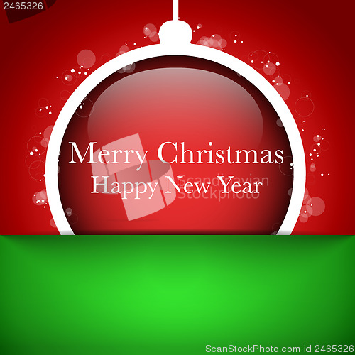 Image of Merry Christmas Happy New Year Ball on Red Background