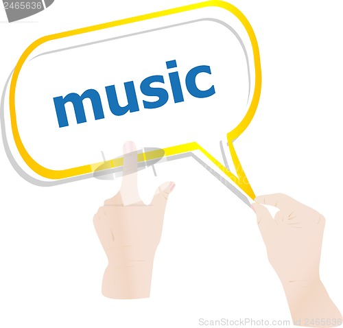 Image of hands push word music on speech bubbles
