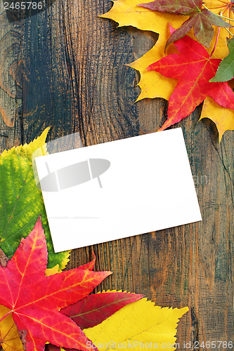 Image of Autumn leaves and card on old wooden wall.