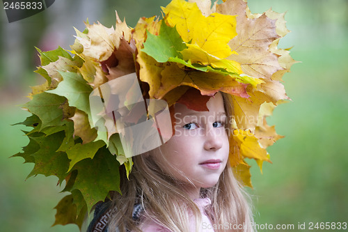 Image of little girl in autumn leaves crown