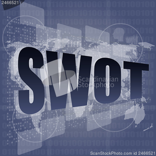 Image of swot word on touch screen, modern virtual technology background