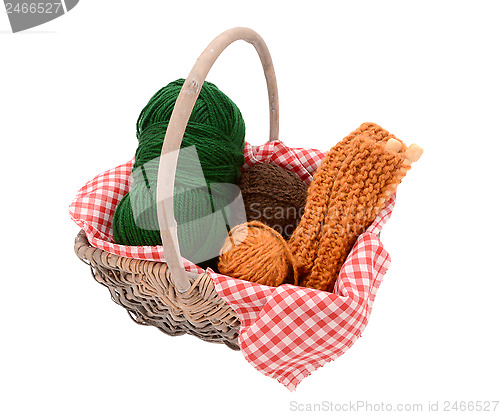 Image of Green, brown and orange yarn with knitting in a basket