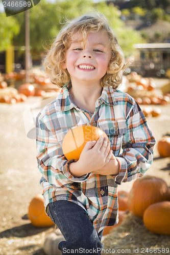 Image of Little Boy Holding His Pumpkin at a Pumpkin Patch
