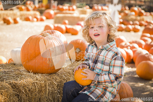 Image of Little Boy Sitting and Holding His Pumpkin at Pumpkin Patch
