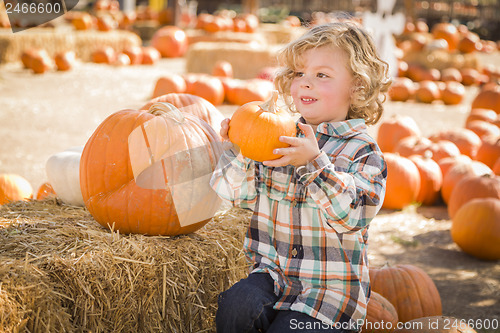 Image of Little Boy Sitting and Holding His Pumpkin at Pumpkin Patch
