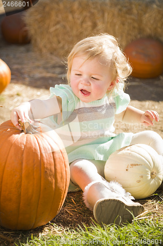 Image of Adorable Baby Girl Holding a Pumpkin at the Pumpkin Patch
