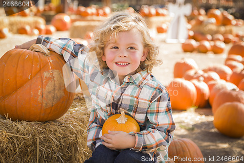 Image of Little Boy Sitting and Holding His Pumpkin at Pumpkin Patch
