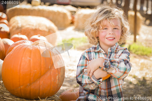 Image of Little Boy Sitting and Holding His Pumpkin at Pumpkin Patch
