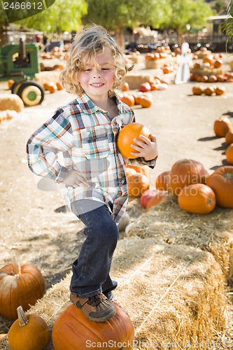 Image of Little Boy Holding His Pumpkin at a Pumpkin Patch
