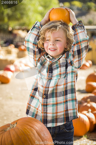 Image of Little Boy Holding His Pumpkin at a Pumpkin Patch
