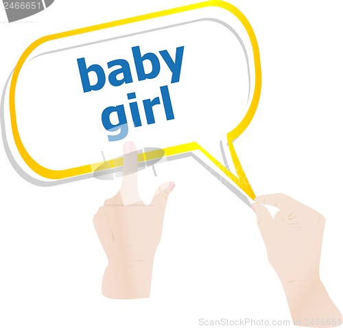 Image of hands holding abstract cloud with baby girl word