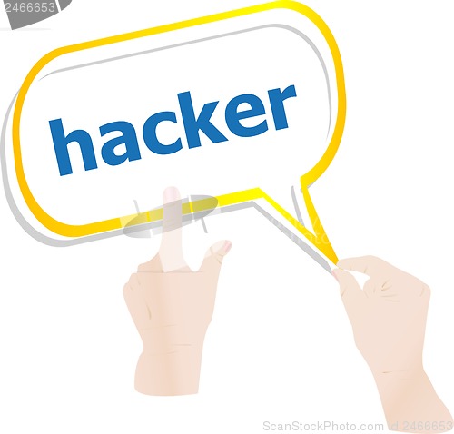 Image of hands push word hacker on speech bubbles