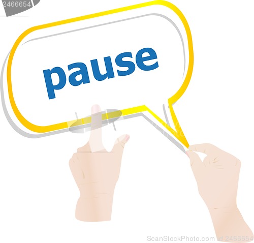 Image of hands holding abstract cloud with pause word