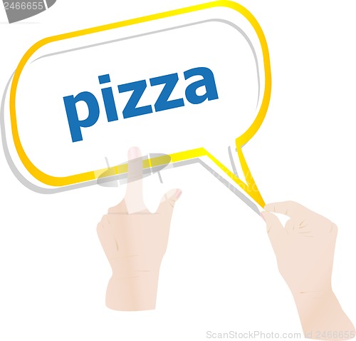 Image of hands push word pizza on speech bubbles