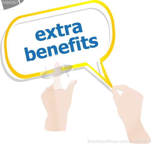 Image of hands holding abstract cloud with extra benefits word