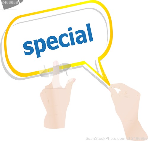 Image of hands holding abstract cloud with special word