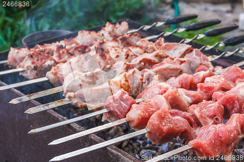 Image of Shish Kebab In Process Of Cooking On Open Fire Outdoors