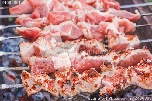 Image of Shish Kebab In Process Of Cooking On Open Fire Outdoors