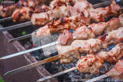 Image of Shish Kebab In Process Of Cooking On Open Fire Outdoors