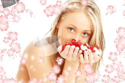 Image of lovely blond with red and white rose petals and rendered flowers