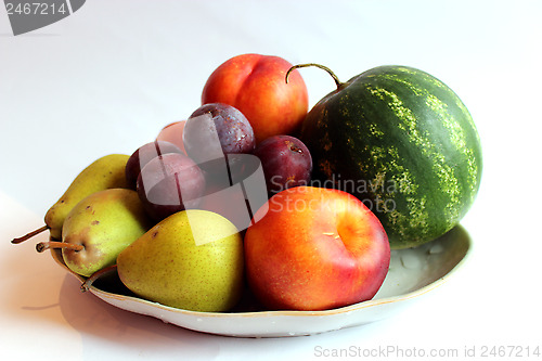Image of still-life of watermelon, pears, pluma nectarine