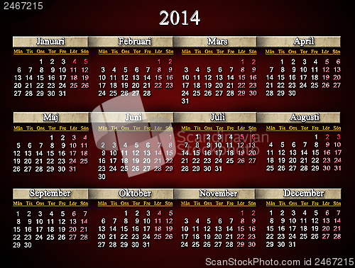 Image of beautiful claret calendar for 2014 year in Swedish