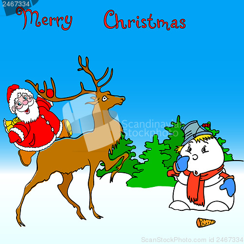 Image of santa claus rides on deer and snowman