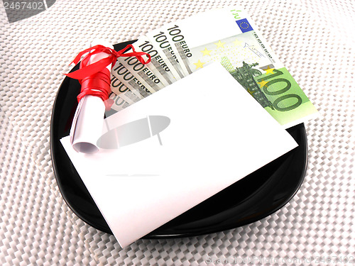 Image of euro money on plate, knife, diamonds and gift bow on white paper