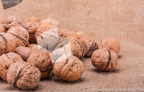 Image of Walnuts Close-up On The Sackcloth Background 