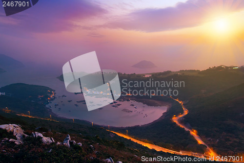 Image of Amazing sunrise and sea of cloud with mountains and tree 