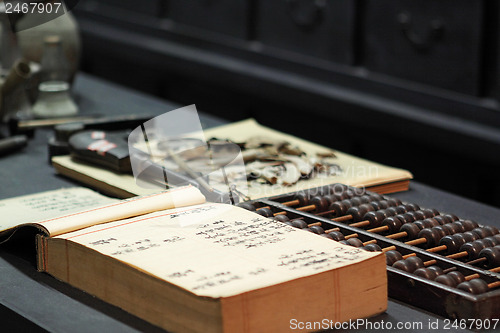 Image of abacus and book on the table in a chinese old shop