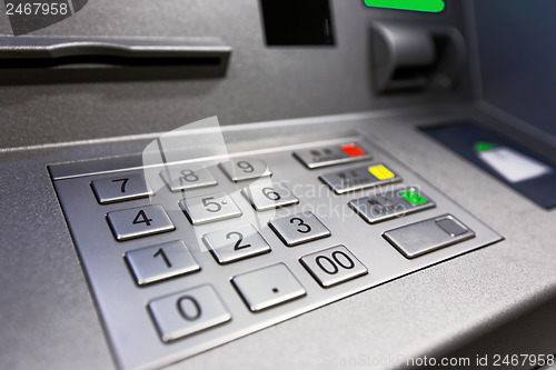 Image of Close up of an ATM machine. Keyboard and insert card 