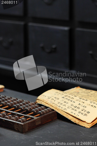 Image of abacus and book on the table in a chinese old shop