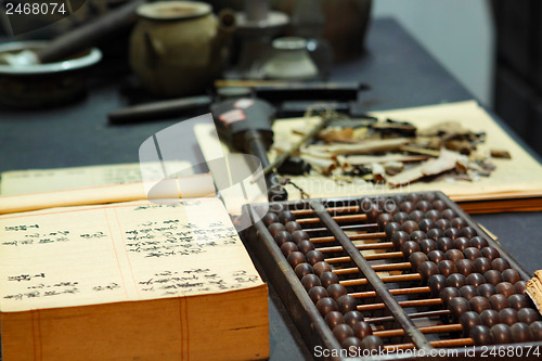 Image of abacus and book on the table in a chinese old shop