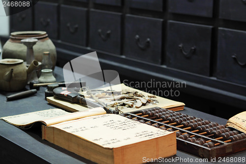 Image of abacus and book on the table in a chinese old shop