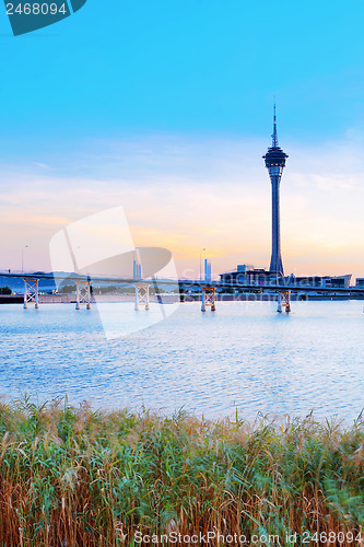 Image of Macau cityscape of bridge and skyscraper Macao, Asia. 